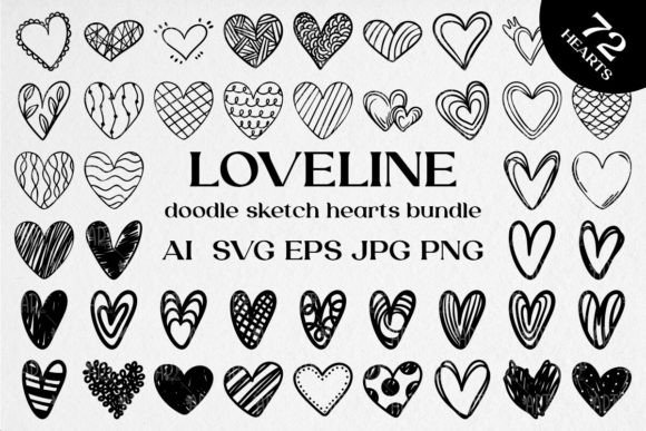 Download LOVELINE, Doodle Sketch Hearts Bundle - Hearts Collection